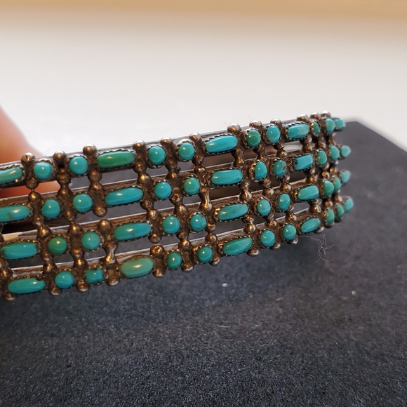 Vintage Zuni Native American Needlepoint Turquoise and Silver Cuff Bracelet - Picture 2 of 12